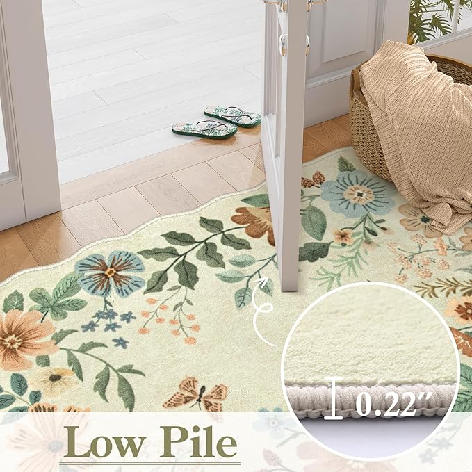 Lahome Floral Bedroom Rug,4x6 Washable Area Rugs for Living Room Dining Room, Non Slip Ultra-Thin Stain Resistant Boho Throw Carpet for ‎Office (4x6ft,Beige)