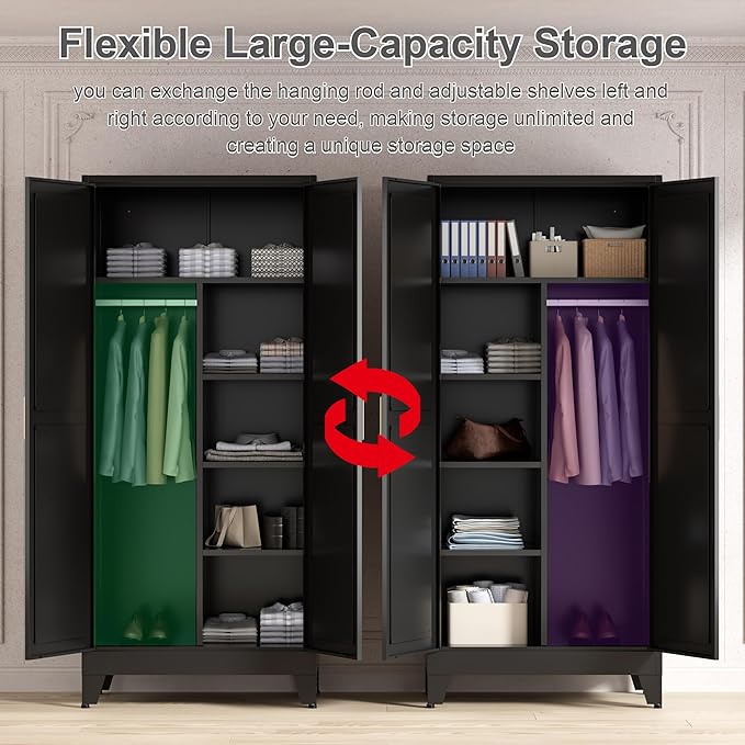 71'' Farmhouse Metal Wardrobe Cabinet with Hanging Rod, 2 Barn Door Wardrobe Closet with 5 Adjustable Shelves,Drawer,for Dining Room,Bedroom,Living Room, Cloak Room,Office (Black)