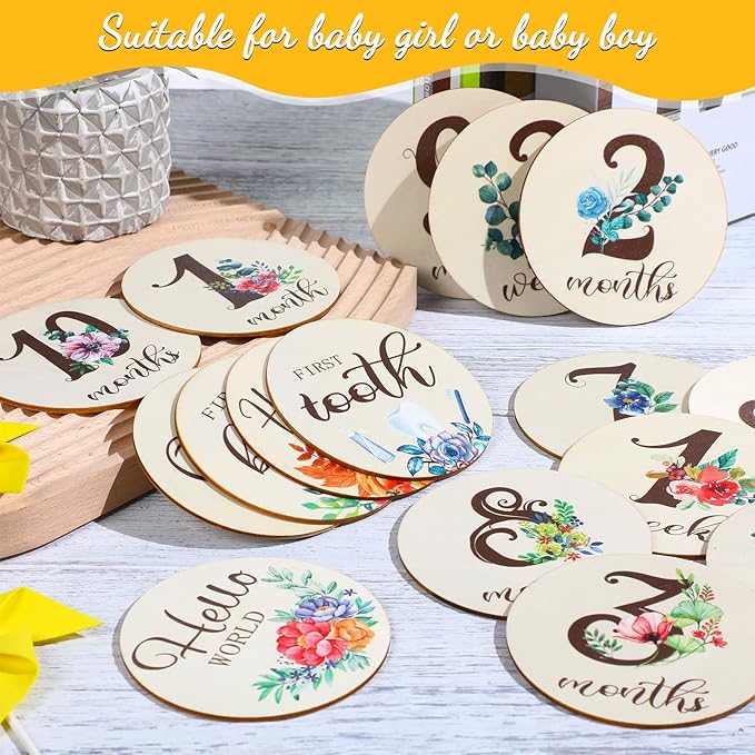 Tiamon 16 Pieces Wooden Baby Monthly Milestone Cards Monthly Milestone Marker Discs Double Sided Wooden Circles Months Signs for Baby Shower Newborn Photo Props(Fresh Flowers)
