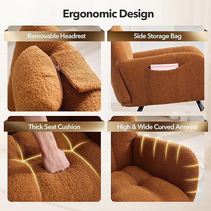 Rocking Chair Nursery Teddy Upholstered Baby Fluffy Glider Rocker for Adults Small Spaces Indoor Nursing Chair for Living Room Bedroom Classroom Beige Comfortable Durable Stylish-Brown