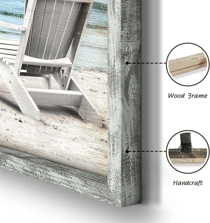 Seascape Pictures Framed Wall Artwork: Ocean Wall Art Set of 3 Beach Chairs & Drift Bottle Wall Art Coastal Prints on Wood for Bedroom