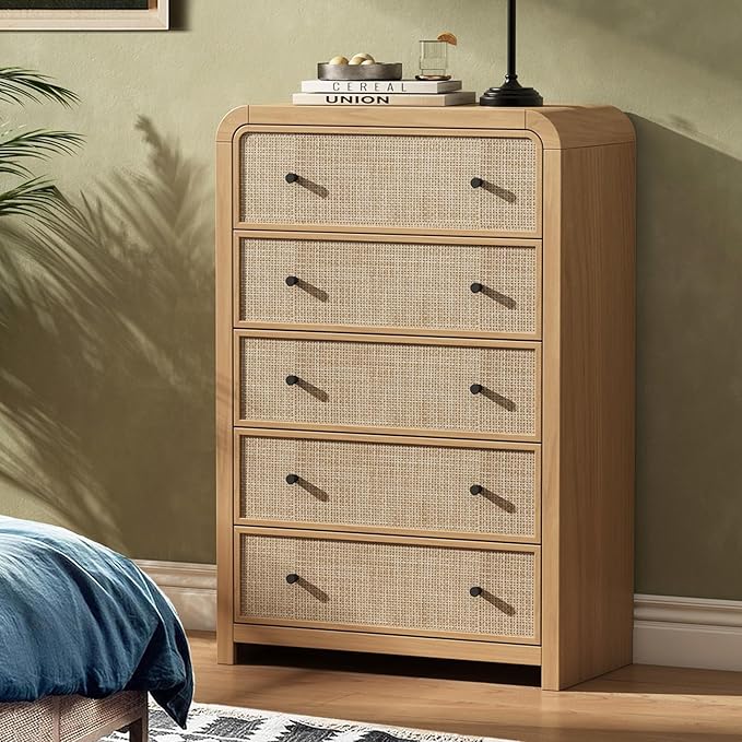 Oak&Sparrow 5 Drawer Tall Dresser for Bedroom, 47'' Rattan Dresser with Ample Storage, Boho Chest of Drawers, Thickened Curved Profile Design, Oak Dressers for Bedroom, Living Room