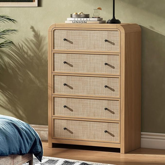 Oak&Sparrow 5 Drawer Tall Dresser for Bedroom, 47'' Rattan Dresser with Ample Storage, Boho Chest of Drawers, Thickened Curved Profile Design, Oak Dressers for Bedroom, Living Room