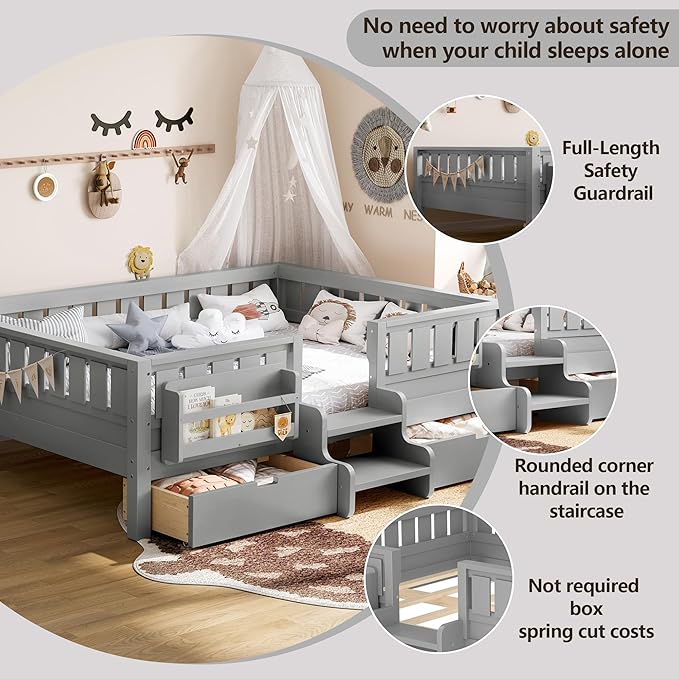 Bellemave Full Size Bed with Slats and Stairs, Full Size Platform Bed Frame with Fence, Bookshelf and Storage Drawers, Easy Assemble Beds for Kids, Girls, Boys, Gray