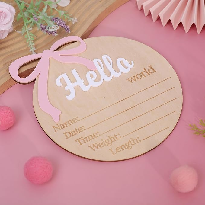 Hello World Birth Announcement - Bow Baby Girl Announcement Sign,Hello World Baby Girl Hospital Sign with Bow(Bow-1)