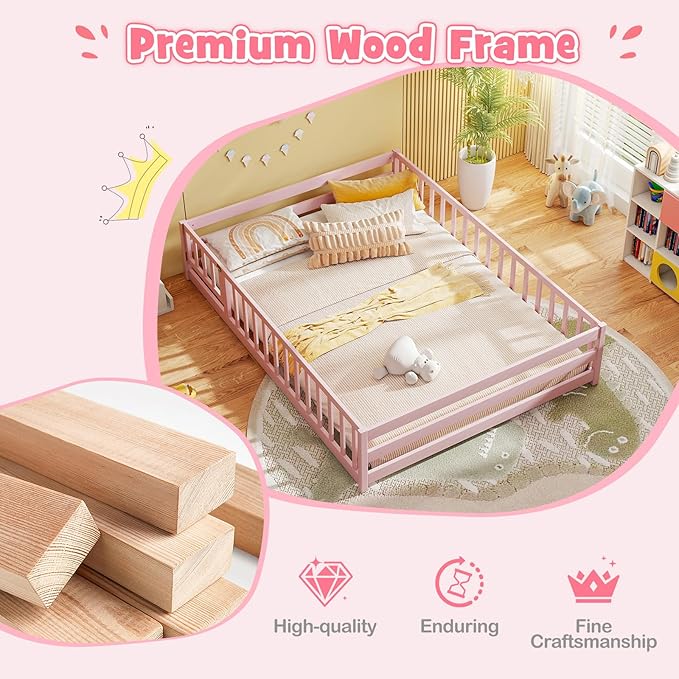 KOMFOTT Full Size Wood Floor Bed with Door & Fence, Montessori Bed Frame with Full Length Safety Guardrails, Door & Latch, Wooden Montessori Floor Bed for Kids, Girls, Boys (Full,Pink)