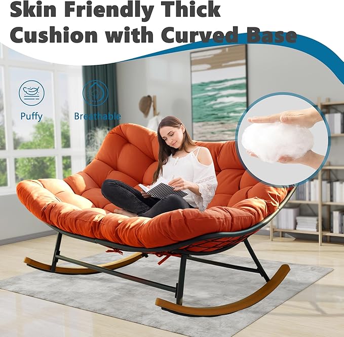 Double Papasan Rocking Chair Outdoor & Indoor, Oversized Rocking Reclining Loveseat with Thick Cushion and Frame, 660LBS Capacity Rocking Egg Chair for Patio Porch Living Room, Red