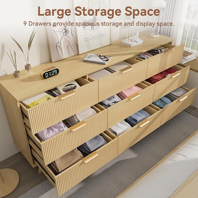 63" Long Fluted 9 Drawer Dresser for Bedroom - Modern Chest of Drawers - Natural Wood Dresser - Boho Storage Wood Organizer for Living Room, Hallway, Closet