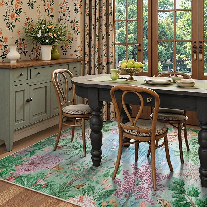 Lahome Spring Jungle Carpet, Green Bedroom Rug 8x10 Under Bed, Large Washable Rugs 8x10 for Living Room, Spring Botanical Non Slip Non Shedding Kids Playroom Floor Carpet for Office Dining Room Decor