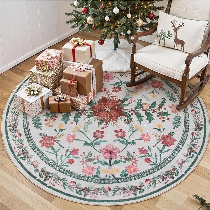 Wonnitar Round Christmas Rug Washable, Christmas Bedroom Decor 5ft Round Area Rug, Holiday Decor Under Xmas Tree Non Slip Floral Print Circle Carpets for Living Room Kitchen Dining Room
