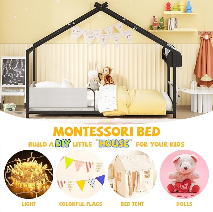 Timy House Shape Twin Size Montessori House Bed Metal Floor Bed with Storage Rack and Caddy Twin Bed-Frame for Kids No Box Spring Needed Black