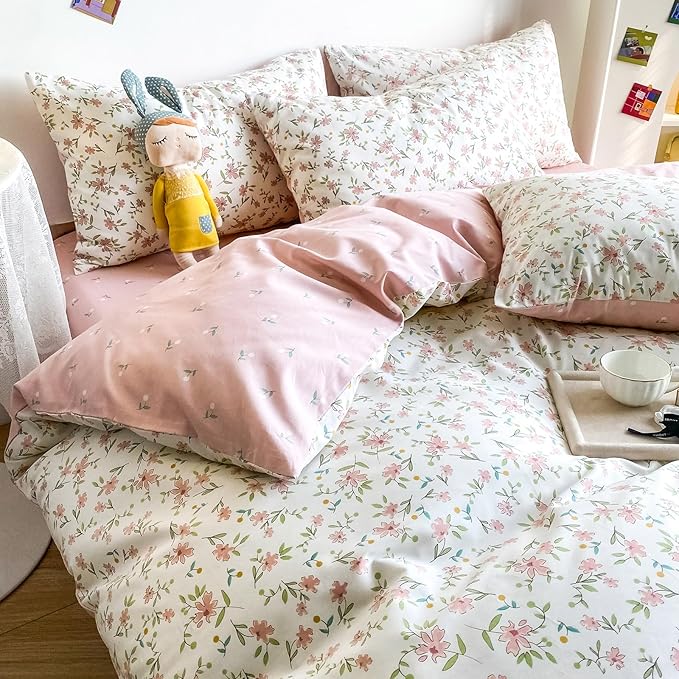 HIGHBUY Soft Cotton White Duvet Cover Queen with Pink Floral Print,Garden Style Botanical Comforter Zipper Closure,Cottagecore Set -1 Cover,2 Pillowcases, Queen(90''x90''), (HB03641Q)