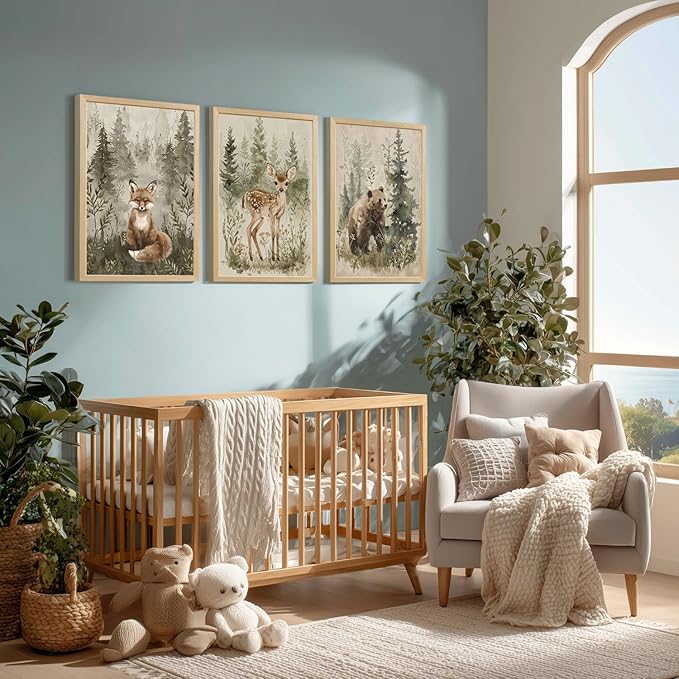 kilamino Wood Framed Woodland Animal Nursery Wall Art, Cute Fox Bear Deer Wall Decor, Neutral Wildlife Animal Art Prints, Funny Nature Forest Animal Canvas Paintings for Baby Room Playroom 16"x24"x3