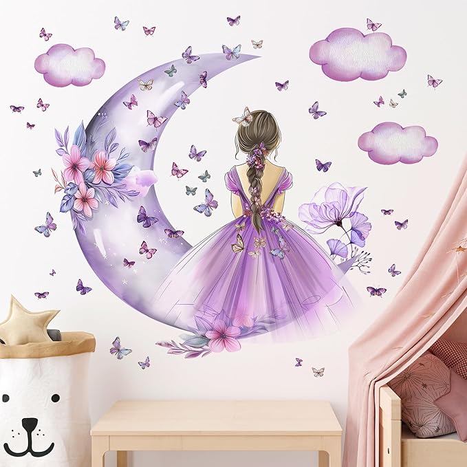 2 Sheets Purple Butterfly Girl Wall Decal - Removable DIY Moon Cloud Wall Decal Vinyl Purple Flower Princess Room Art for Girls Baby Nursery Bedroom Living Room Bathroom Classroom Decor