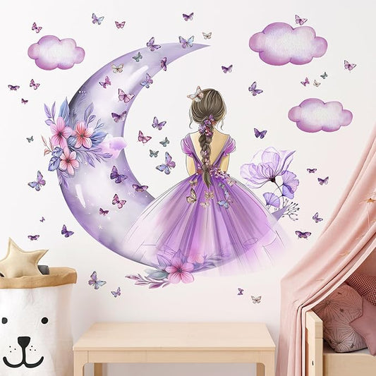2 Sheets Purple Butterfly Girl Wall Decal - Removable DIY Moon Cloud Wall Decal Vinyl Purple Flower Princess Room Art for Girls Baby Nursery Bedroom Living Room Bathroom Classroom Decor