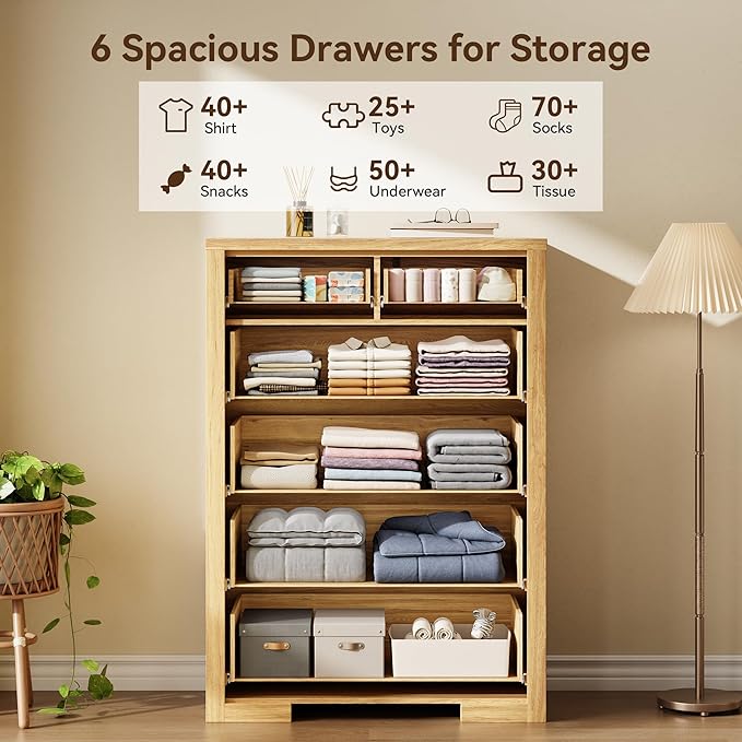 Fluted Dresser for Bedroom, 45" Tall Modern Chest of Drawers with 6 Drawers, Wood Closet Clothes Storage Organizer for Living Room, Wooden Dresser for Hallway, Natural Oak