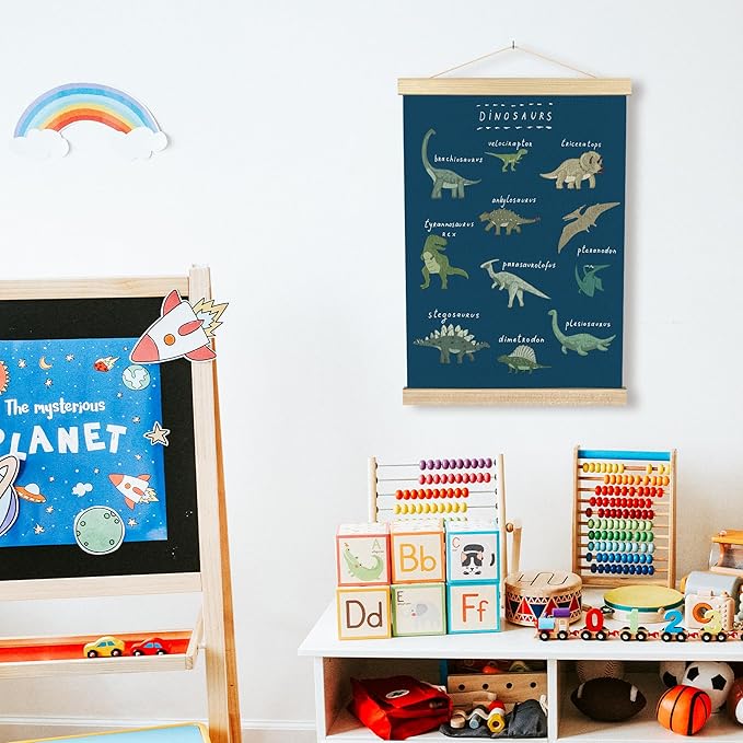 BCUANGD Dinosaur Dino Wall Decor - Dark Blue Baby Toddler Boys Room Wall Art Poster Hanger with Wood Frames, Inspirational Wall Hanging Canvas Decor for Kids Room Nursery Bedroom, 12x16 Inches
