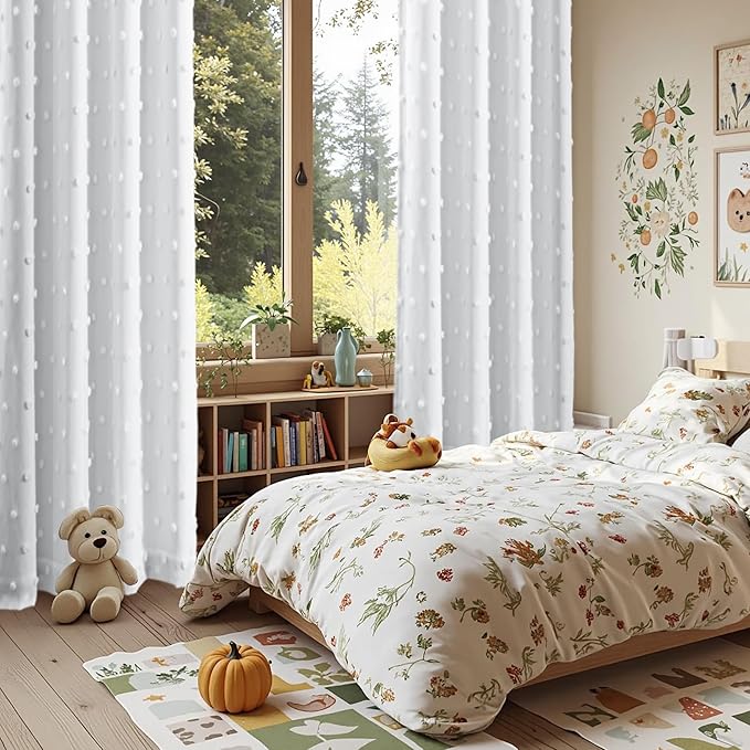 MYSKY HOME 100% Blackout Curtains for Living Room Bedroom 102 Inch Length Thermal Insulated Nursery Curtains 2 Panels Back Tab Light Filtering White Pom Pom Sheer Drapes for Sliding Door, 52W x 102L