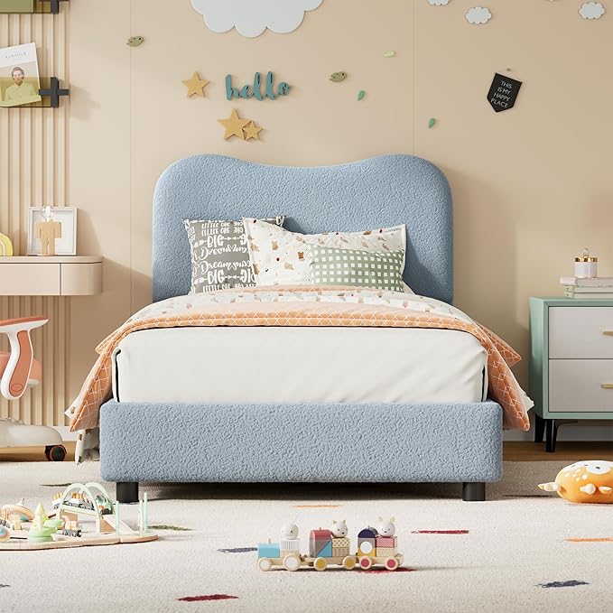 Senfot Blue Twin Kids Bed Frame with Upholstered Headboard, Low Profile Sturdy Platform Bed with Soft Boucle Fabric for Girls and Boys, Heavy Duty, Wooden Slats, Noise Free, No Box Spring Needed