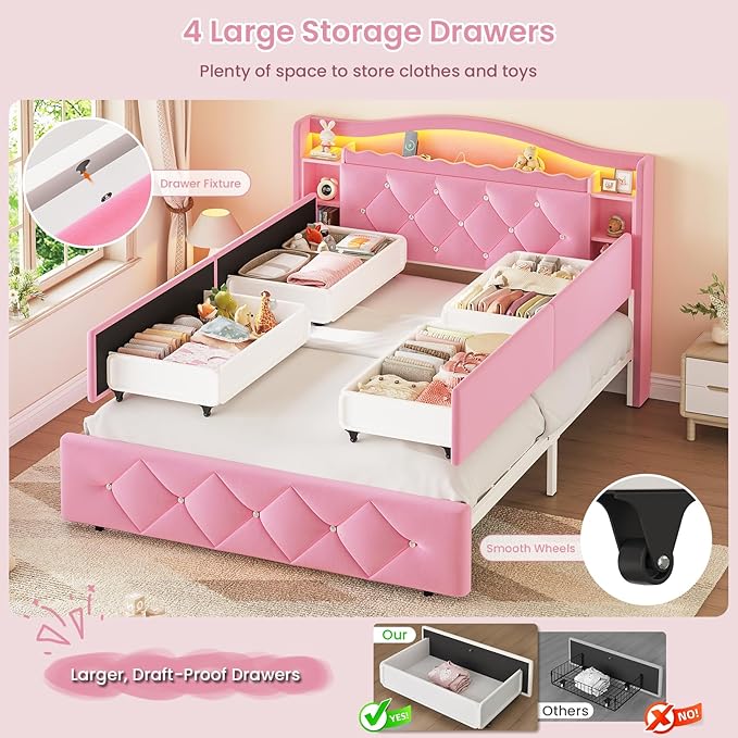 DICTAC Full Size Bed Frame for Girls with 4 Storage Drawers, Bookcase Headboard, LED Lights and Power Outlets, Diamond Tufted Velvet Upholstered Princess Platform Bed, Heavy-Duty Metal Support, Pink