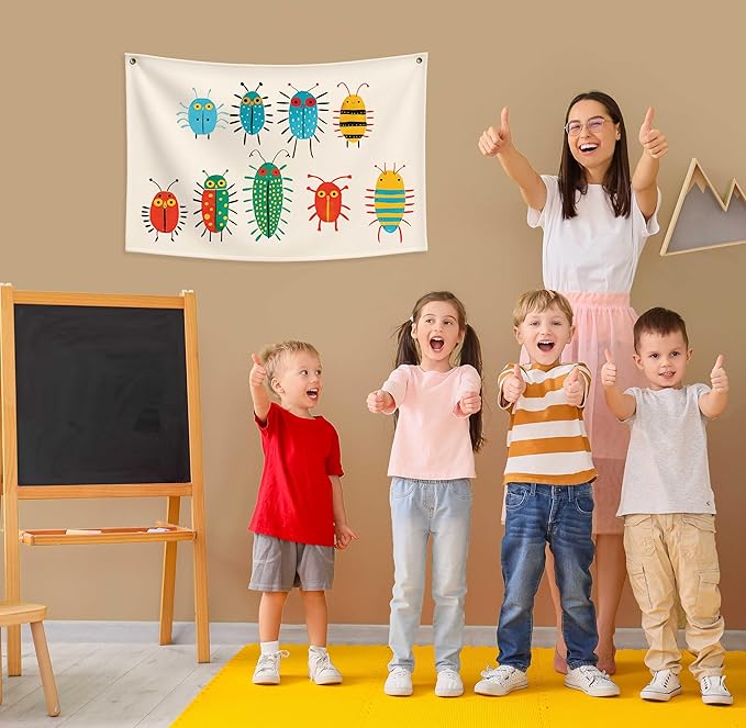 Insects Theme Education Rectangular Canvas Banner-Boho Flag Wall Decor for Boy Girl Kids,Nursery Above Crib Bedroom Reading Room Playroom Teacher Office Decor-Baby Shower Birthday Christmas Gift