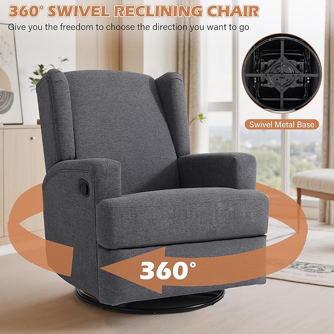 UIXE Swivel Glider Recliner Chairs Set of 2, Fabric High Back Accent Chair Nursery Rocker for Living Room, Upholstered Manual Reclining Sofa Seating with Deep Seat - Charcoal Gray