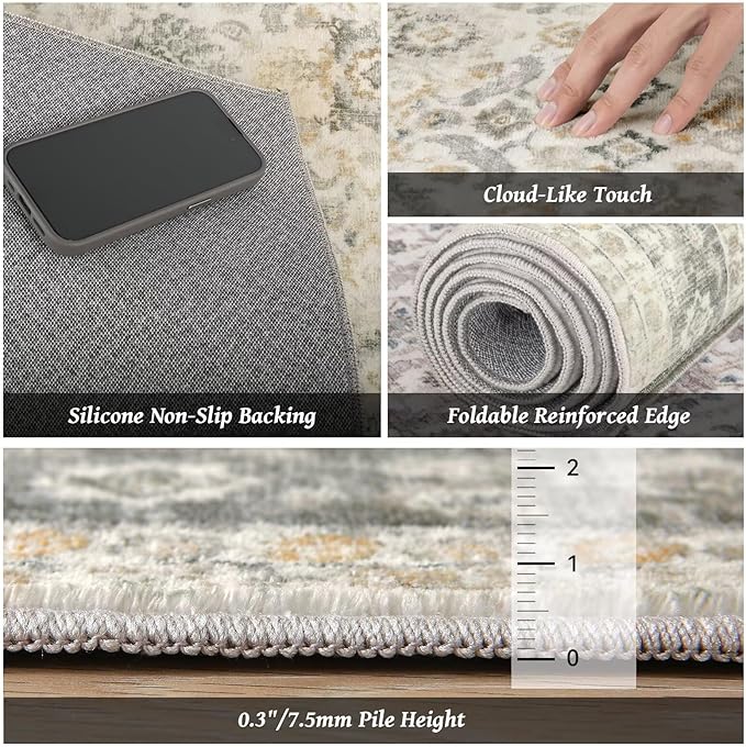 Washable 9x12 Area Rugs for Living Room, Boho Non-Slip Vintage Distress Lager Rugs for Bedroom Dining Room Nursery Office, 0.3" Neutral Oriental Throw Thin Carpet, Grey/Beige/Orange/Multi