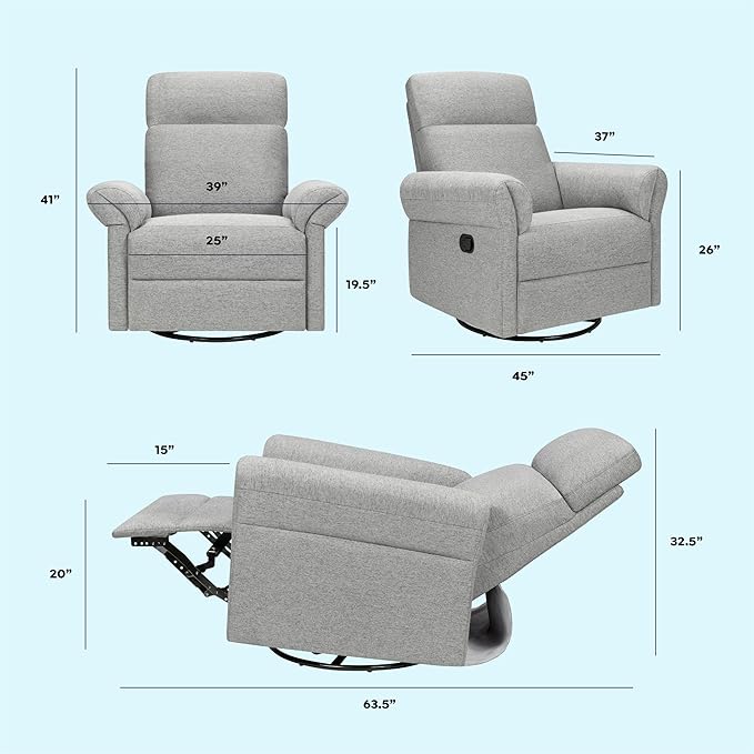 Davinci Suzy Flex Nursery Recliner and Swivel Glider with Adjustable Headrest and Armrests, High Pillowback in Frost Grey | GREENGUARD Gold, FSC, CertiPUR-US® Certified