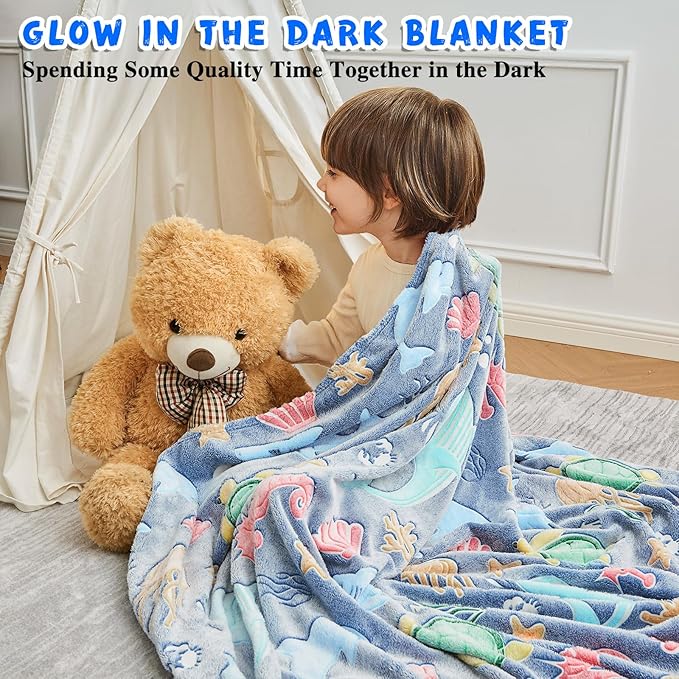 Inhand Shark Glow in the Dark Blanket Ocean Gifts for Boys Kids Throw Blanket Crab Turtle Coral Whale Dolphin Jellyfish Seahorse Toys for Kids Boys Birthday Christmas Cute Soft Room Decor Blue 50"X60"