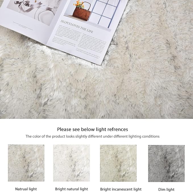 White and Grey Shaggy Round Rugs 6.6ft Large Circle Washable Faux Sheepskin Furry Fur Rugs for Bedroom Living Room Nursery Rug Home Décor