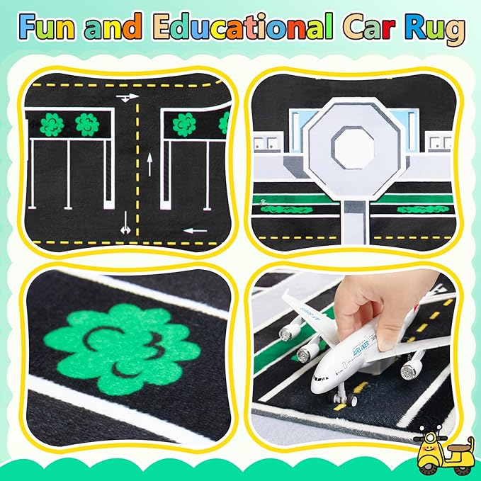 Kids Rug, Airport Rug & Play Mat, 4x6 Ft Road Carpet for Kids with Combined City Traffic & Airport Runway, Non-Slip Playmat for Playroom, Classroom, and Bedroom