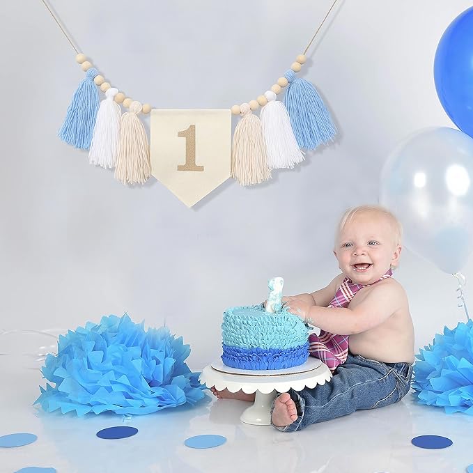 HGFC Embroidery Tassel High Chair Banner - Wood Bead 1st Birthday Banner,Sky Theme Party Decoration,Birthday Baby Boys Tassel Garland,Cake Smash Backdrop