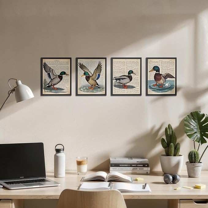 OFJE Vintage Mallard Duck Wall Art Decor Prints Set of 4, Retro Waterfowl Duck Hunting Wall Art Posters Decor for Home bedroom Living Room, 8x10 Unframed