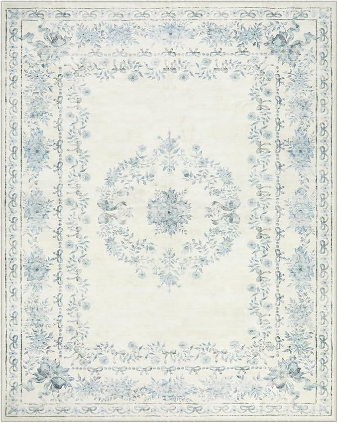 Wonnitar Bow Print Area Rug for Living Room, Ultra-Thin Blue 8x10 Washable Rug, Non Slip Soft Boho Floral Aesthetic Indoor Decor Carpet for Boys Playroom Dining Room Office