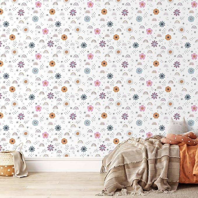 CHIHUT Boho Rainbow Peel and Stick Wallpaper Watercolor Cute Flowers Stars Rainbow Contact Paper Kids Self Adhesive Removable Wallpaper Flowers Wall Decals for Girls Bedroom Cabinets Walls 17.7”x100”