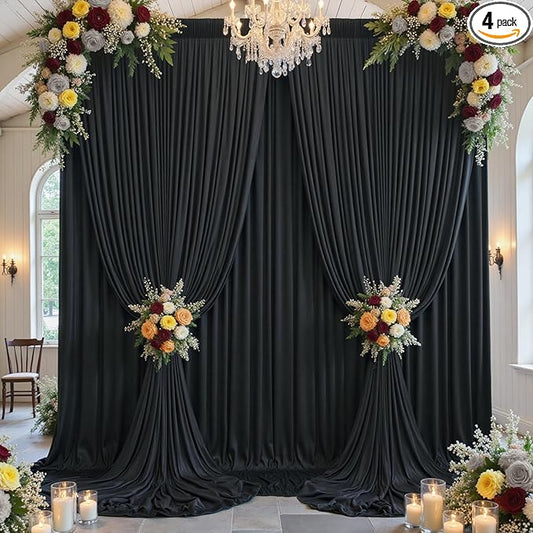 20x12 ft Black Backdrop Curtain, 4 Panels 5x12 ft Long Wrinkle Free Silky Polyester Fabric Wedding Backdrop Drapes Black Photo Back Drop Curtains for Parties Photography Background Cloth