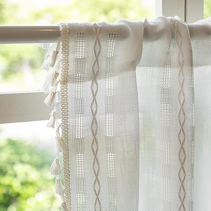 Deeprove Boho Valance Kitchen Short Curtain, Textured Striped Drape Light Filtering Tier Embroidered Chic Window Treatment for Cafe Restaurant Laundry Room, W52 x L18 inch Single 1 Panel Cream White