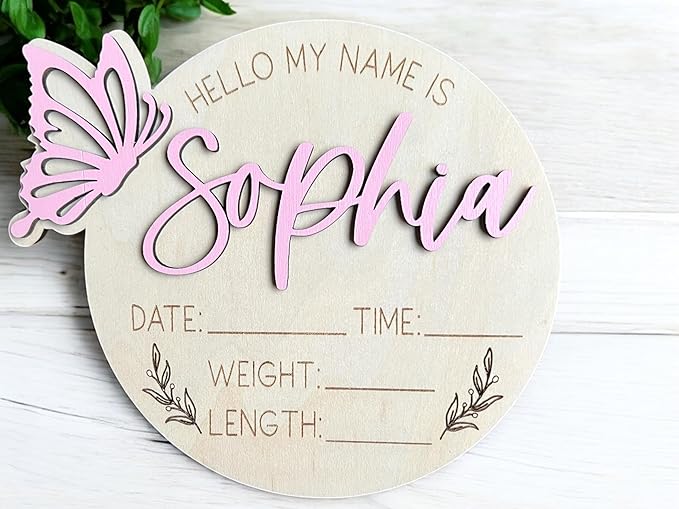 Personalized 3D Butterfly Birth Announcement Sign, Wooden Name sign, Hospital Photo prop Baby Name Reveal (Butterfly Left Hello My Name is)