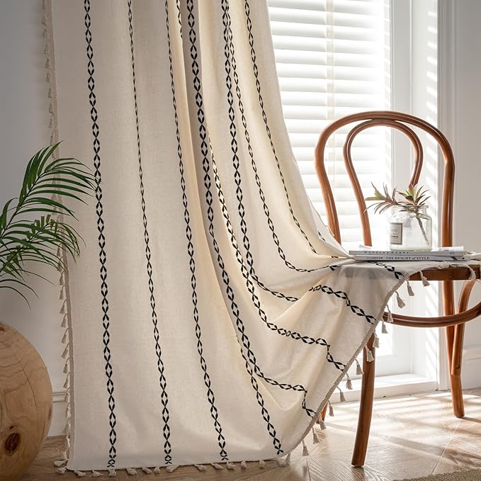 Deeprove White and Black Boho Curtains 72 inches Length for Living Room Bedroom Nursery, Chic Bohemian 72 inches Long, Stripe Embroidery Privacy Window Fringe Decoration W52 x L72, Single 1 Panel