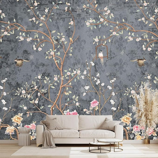 Grey Retro Floral wallpeper Living Room Bedroom Chinese Style Flower Bird Wall Mural - 91"x65"（Not Peel and Stick）