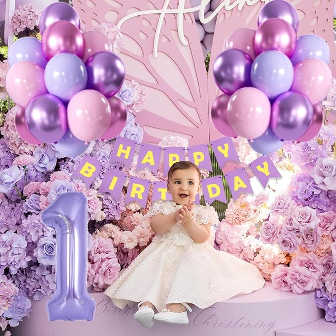 Purple Pink Metallic Balloons & Banner - 40 Inch 1 Balloon, Perfect for Girls' 1st Birthday or Baby Shower Decor