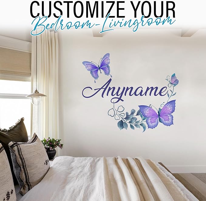 Custom Name Butterfly Wall Decal Personalized Floral Flower Animal Lover Large Vinyl Wall Sticker for Home & Room Décor, Removable Walls Art for Kids & Teens Bedroom, Car