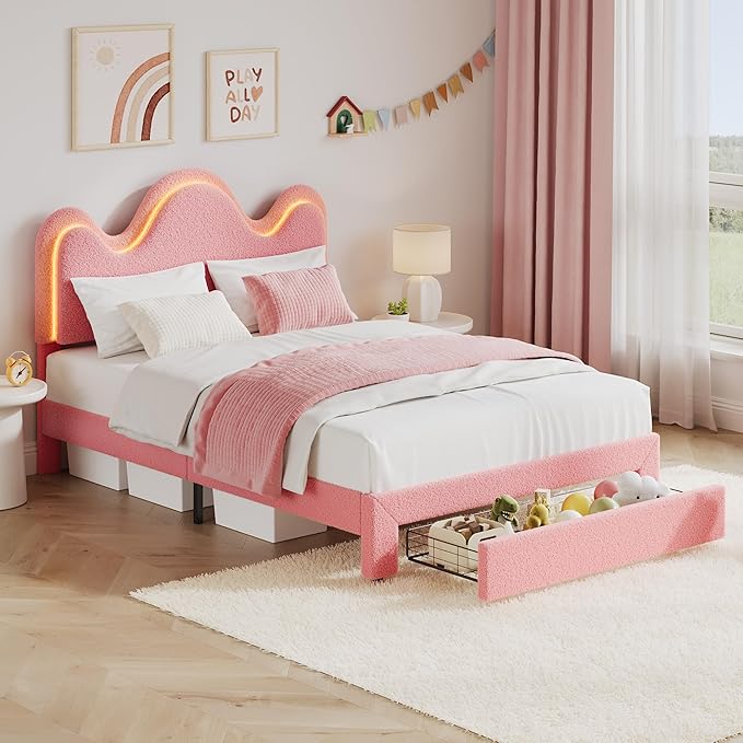 IDEALHOUSE Full Bed Frame with LED Headboard and Under-Bed Drawer, Metal Upholstered Platform Bed with LED Light for Kids, Girls, Lamb Fleece Fabric, Wooden Slats Support, No Box Spring Needed, Pink