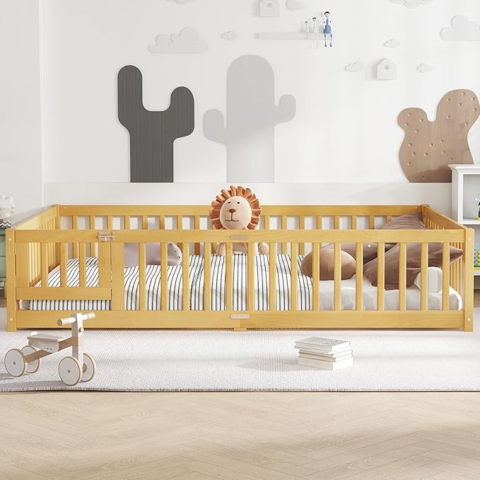 Bellemave Queen Size Floor Bed for Kids, Girls, Boys, Wood Floor Bed with slats and Door, Natural