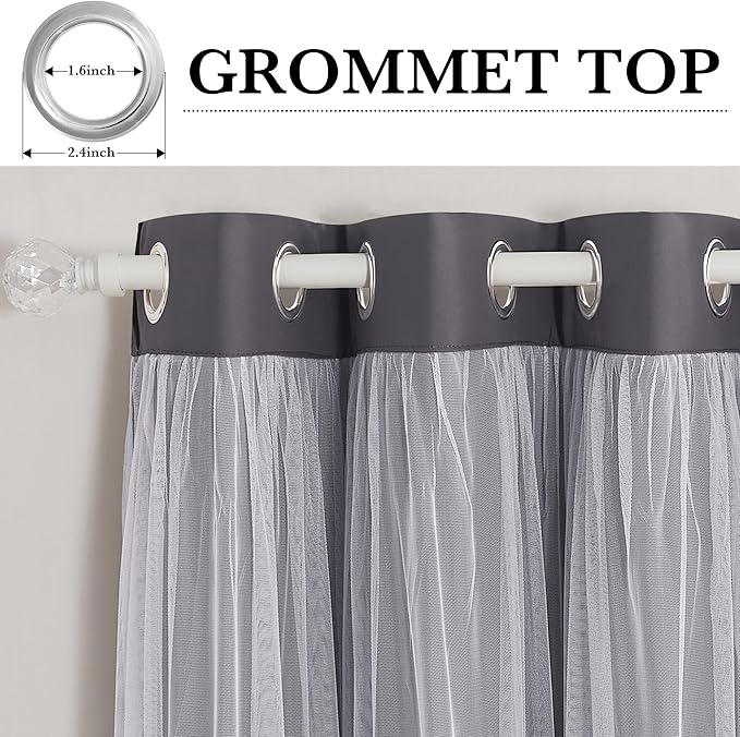 PONY DANCE Blackout Curtains 72 Inches Long - White Sheer Overlay Thermal Insulated Curtains for Living Room Sliding Glass Door, Cortina para Sala (W52 x L72 inch, Grey, One Pair Grommet Drapes)