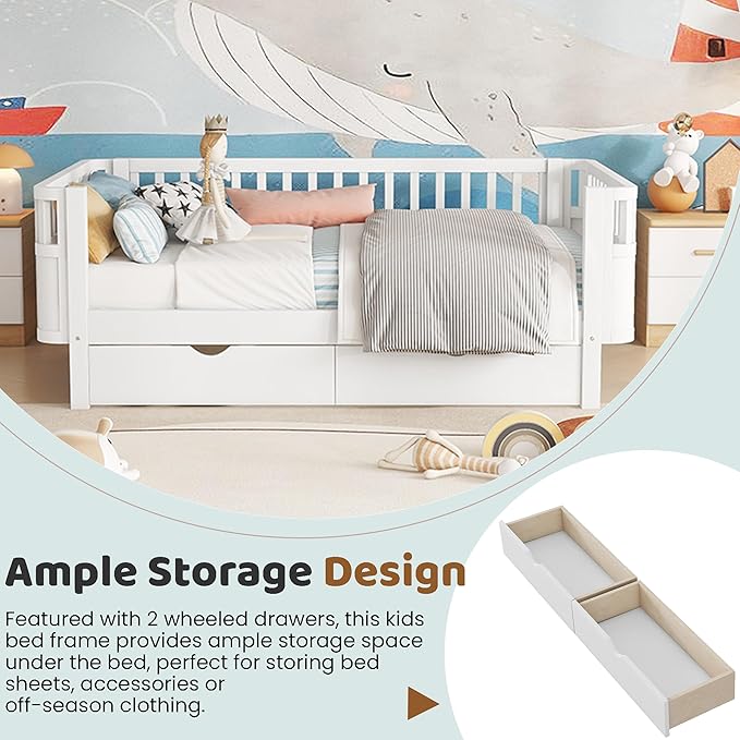 Twin Bed Frame with Rails for Kids, Wood Montessori Bed Twin with 2 Storage Drawers &Slats Support, Modern Daybed with Removable Bed Rails for Girls Boys Bedroom Living Room, White