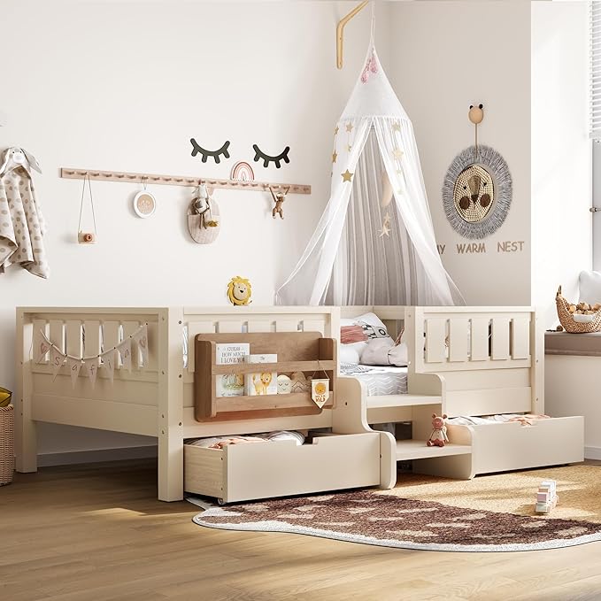 Bellemave Twin Bed with Slats and Stairs, Twin Size Platform Bed Frame with Fence, Bookshelf and Storage Drawers, Easy Assemble Beds for Kids, Girls, Boys, Beige