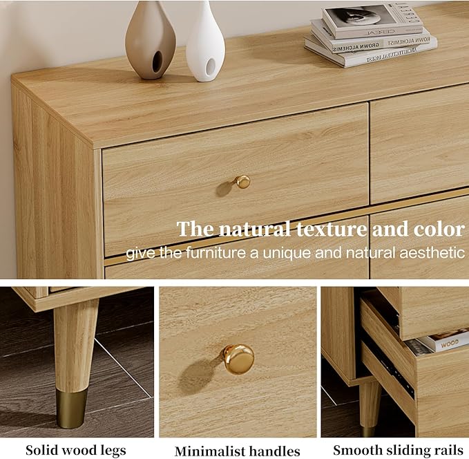 9 Drawer Dresser,63" Wide Mid Century Modern Chest of Drawers,Wooden Bedroom Drawer Dresser with 9 Storage Drawers for Bedroom, Living Room,with Anti-Tipping Device,Natural