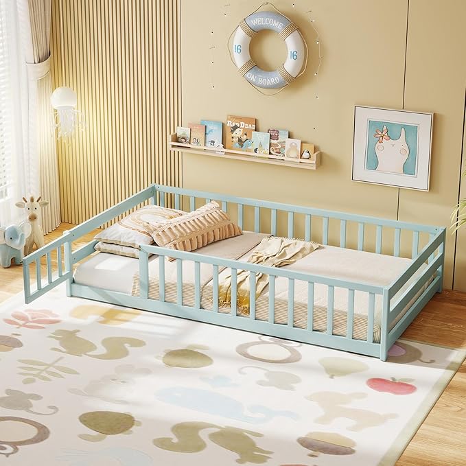 KOMFOTT Twin Size Wood Floor Bed with Door & Fence, Montessori Bed Frame with Full Length Safety Guardrails, Door & Latch, Wooden Montessori Floor Bed for Kids, Girls, Boys (Twin,Light Green)