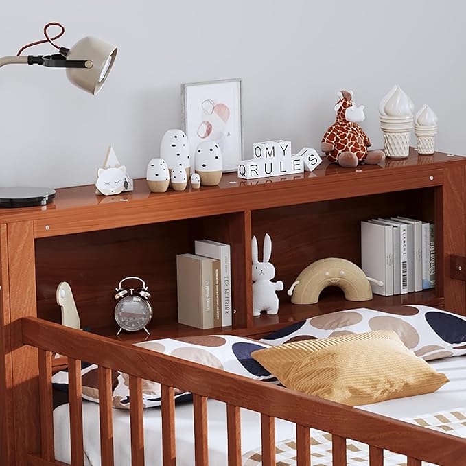 Wood Twin Size Platform Bed with Safety Fence for Kids Boys Girls, Platform Bed Frame with Practical Headboard and 2 Under-Bed Drawers, Sturdy Slats Support (Walnut-3.15)